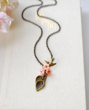 Load image into Gallery viewer, Calla Lily Necklace. Antiqued Brass Calla Lily Pink Bell Flowers Brass Swallow Bird Necklace, Christmas Gift gift for daughter mom sister
