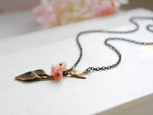 Load image into Gallery viewer, Calla Lily Necklace. Antiqued Brass Calla Lily Pink Bell Flowers Brass Swallow Bird Necklace, Christmas Gift gift for daughter mom sister
