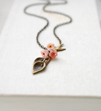 Load image into Gallery viewer, Calla Lily Necklace. Antiqued Brass Calla Lily Pink Bell Flowers Brass Swallow Bird Necklace, Christmas Gift gift for daughter mom sister
