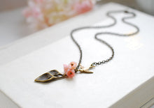 Load image into Gallery viewer, Calla Lily Necklace. Antiqued Brass Calla Lily Pink Bell Flowers Brass Swallow Bird Necklace, Christmas Gift gift for daughter mom sister
