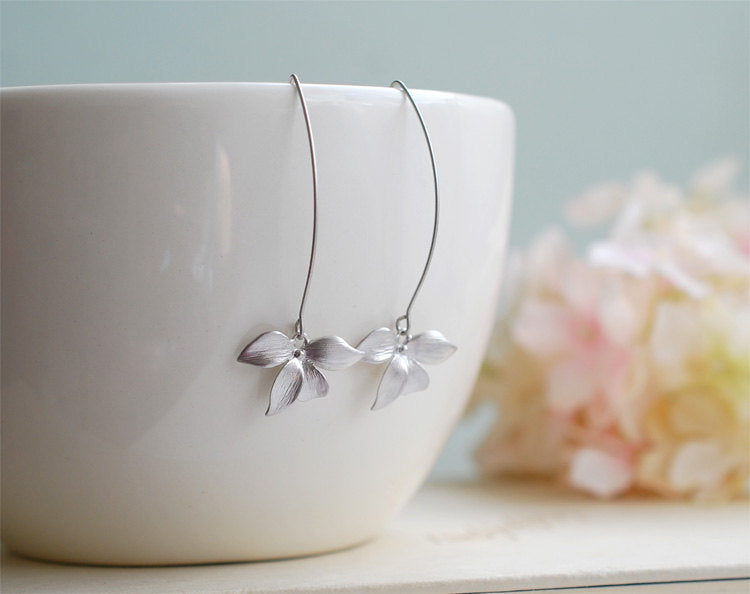 Silver Earrings, Orchid Flower Long Dangle Earrings, Wedding Jewelry, Bridesmaid gift, Bridal Earrings,  Gift for her , Gift for for Mom