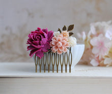 画像をギャラリービューアに読み込む, Plum Violet Rose Dusky Pink Ivory Flower Wedding Bridal Hair Comb. Flow Floral Collage Hair Comb. Bridesmaid Hair Comb
