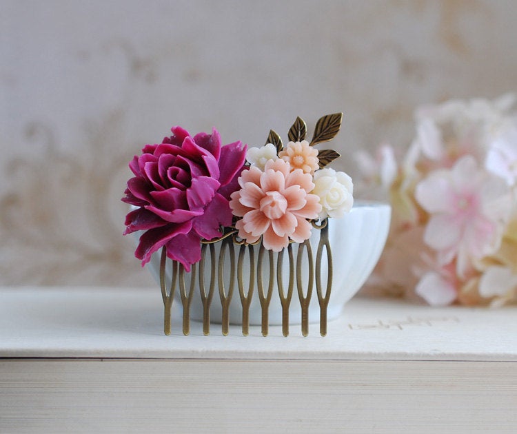 Plum Violet Rose Dusky Pink Ivory Flower Wedding Bridal Hair Comb. Flow Floral Collage Hair Comb. Bridesmaid Hair Comb