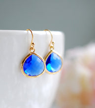 Load image into Gallery viewer, Large Cobalt Blue Drop Earrings. Sapphire Blue Dangle Earrings. Gold Framed Blue Teardrop Earrings. Bridesmaid Earrings, Anniversary Gift
