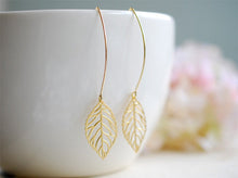 Load image into Gallery viewer, Gold Leaf Earrings. Filigree Leaf Earrings. Long Dangle Leaf Earrings. Leaf Jewelry.  Modern Everyday Earrings, Gift for Her, Mom, sister
