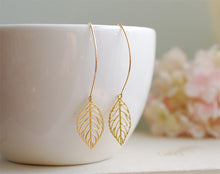 Load image into Gallery viewer, Gold Leaf Earrings. Filigree Leaf Earrings. Long Dangle Leaf Earrings. Leaf Jewelry.  Modern Everyday Earrings, Gift for Her, Mom, sister
