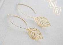 Load image into Gallery viewer, Gold Leaf Earrings. Filigree Leaf Earrings. Long Dangle Leaf Earrings. Leaf Jewelry.  Modern Everyday Earrings, Gift for Her, Mom, sister
