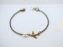 Load image into Gallery viewer, Love Birds Bracelet. Brass Swallow Birds Bracelet. Flying Bird and Swarovski Cream Pearl Bracelet. Mother Daughter Gift, Friendship Bracelet
