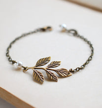 Load image into Gallery viewer, Brass Leaf Bracelet. Antiqued Brass Leaf Branch and Cream Pearl Bracelet. Bridesmaids Bracelet, Vintage Wedding Woodland Wedding Bracelet
