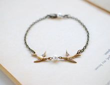 Load image into Gallery viewer, Love Birds Bracelet. Brass Swallow Birds Bracelet. Flying Bird and Swarovski Cream Pearl Bracelet. Mother Daughter Gift, Friendship Bracelet
