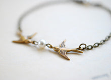 Load image into Gallery viewer, Love Birds Bracelet. Brass Swallow Birds Bracelet. Flying Bird and Swarovski Cream Pearl Bracelet. Mother Daughter Gift, Friendship Bracelet
