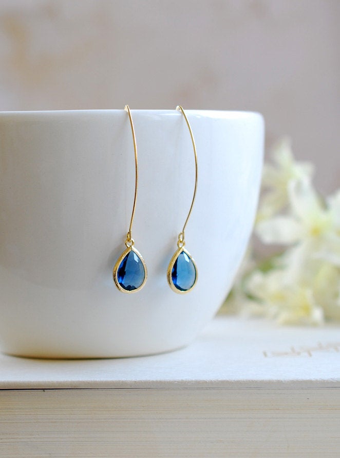 Navy Blue Drop Earrings, Gold Plated Montana Blue Sapphire Blue Teardrop Long dangle Earrings, Wedding Bridal Jewelry, Bridesmaid Gift