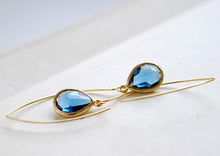 Load image into Gallery viewer, Navy Blue Drop Earrings, Gold Plated Montana Blue Sapphire Blue Teardrop Long dangle Earrings, Wedding Bridal Jewelry, Bridesmaid Gift
