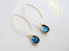 Load image into Gallery viewer, Navy Blue Drop Earrings, Gold Plated Montana Blue Sapphire Blue Teardrop Long dangle Earrings, Wedding Bridal Jewelry, Bridesmaid Gift
