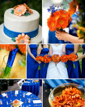 Load image into Gallery viewer, Cobalt Blue and Orange Wedding Bridal Hair Comb. Large Cobalt Blue Rose, Orange, Ivory Flowers Collage Hair Comb, Bridal Bridesmaid Comb
