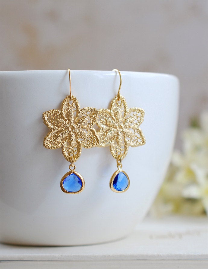 Gold and Cobalt Blue Earrings, Cobalt Blue Sapphire Wedding Jewelry, Bridesmaid Gift, Bridal Earrings, September Birthstone, Gift for her