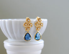 画像をギャラリービューアに読み込む, Gold Flowers Dark Sapphire Blue Navy Blue Montana Blue Glass Post Earrings, September birthstone, 925 Sterling Silver Post, Wedding Jewelry
