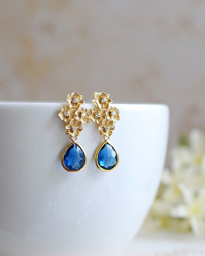 Gold Flowers Dark Sapphire Blue Navy Blue Montana Blue Glass Post Earrings, September birthstone, 925 Sterling Silver Post, Wedding Jewelry