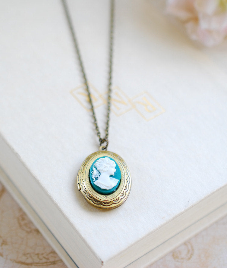 Teal Ivory Cameo Oval Locket Necklace. Antiqued Brass Locket Lady Face Profile Silhouette Picture Photo Locket Necklace