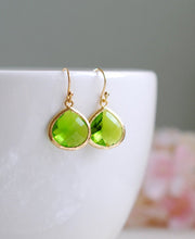 Load image into Gallery viewer, Peridot Green Earrings, August Birthstone Jewelry, August Birthday Gift, Gold Green Earrings, Green Wedding Earrings, Bridesmaid Earrings
