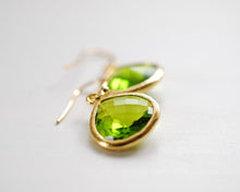 Load image into Gallery viewer, Peridot Green Earrings, August Birthstone Jewelry, August Birthday Gift, Gold Green Earrings, Green Wedding Earrings, Bridesmaid Earrings
