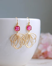 Load image into Gallery viewer, Pink Ruby Glass Dangle Earrings Fuchsia Magenta Chandelier Earrings Gold and Pink Gold Feather Earrings Gold Dangle Earrings Pink Wedding
