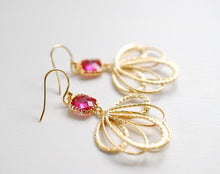 Load image into Gallery viewer, Pink Ruby Glass Dangle Earrings Fuchsia Magenta Chandelier Earrings Gold and Pink Gold Feather Earrings Gold Dangle Earrings Pink Wedding
