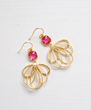 Load image into Gallery viewer, Pink Ruby Glass Dangle Earrings Fuchsia Magenta Chandelier Earrings Gold and Pink Gold Feather Earrings Gold Dangle Earrings Pink Wedding
