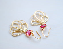 Load image into Gallery viewer, Fuchsia Earrings, Gold Fan Shape Filigree Earrings, Hot Pink Earrings, Pink Ruby Dangle Earrings, Wedding Jewelry, Bridesmaids Gift
