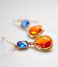 Load image into Gallery viewer, Sapphire Blue Tangerine Orange Drop Earrings, Cobalt Blue Orange Dangle Earrings, Modern Everyday Jewelry, Blue Orange Wedding Earrings
