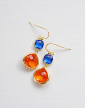 Load image into Gallery viewer, Sapphire Blue Tangerine Orange Drop Earrings, Cobalt Blue Orange Dangle Earrings, Modern Everyday Jewelry, Blue Orange Wedding Earrings
