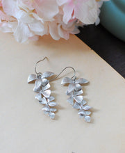 Load image into Gallery viewer, Silver Orchids Earrings Matte Silver Flowers Long Dangle Earrings Wedding Jewelry, Bridal Earrings Bridesmaid Gift Birthday gift for her
