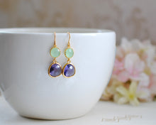 Load image into Gallery viewer, Peridot Opal Green Amethyst Purple Glass Drop Earrings, Dangle Earrings, Gold Plated Green and Purple Glass Stone Dangle Earrings
