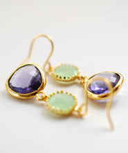 Load image into Gallery viewer, Peridot Opal Green Amethyst Purple Glass Drop Earrings, Dangle Earrings, Gold Plated Green and Purple Glass Stone Dangle Earrings
