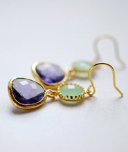 Load image into Gallery viewer, Peridot Opal Green Amethyst Purple Glass Drop Earrings, Dangle Earrings, Gold Plated Green and Purple Glass Stone Dangle Earrings
