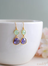 Load image into Gallery viewer, Peridot Opal Green Amethyst Purple Glass Drop Earrings, Dangle Earrings, Gold Plated Green and Purple Glass Stone Dangle Earrings
