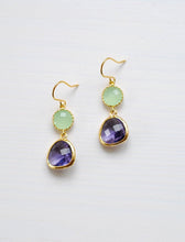 Load image into Gallery viewer, Peridot Opal Green Amethyst Purple Glass Drop Earrings, Dangle Earrings, Gold Plated Green and Purple Glass Stone Dangle Earrings
