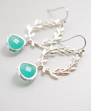 Load image into Gallery viewer, Silver Laurel Wreath Aqua Blue Framed Glass Dangle Earrings, Chandelier Earrings, Drop Earrings, Wedding Jewelry, Bridesmaid Earrings Gift
