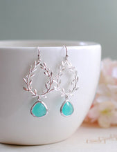 Load image into Gallery viewer, Silver Laurel Wreath Aqua Blue Framed Glass Dangle Earrings, Chandelier Earrings, Drop Earrings, Wedding Jewelry, Bridesmaid Earrings Gift
