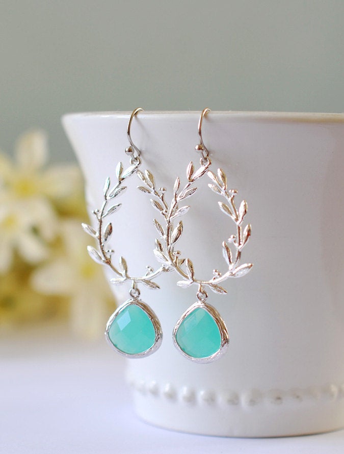 Silver Laurel Wreath Aqua Blue Framed Glass Dangle Earrings, Chandelier Earrings, Drop Earrings, Wedding Jewelry, Bridesmaid Earrings Gift