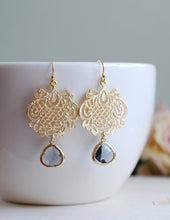 Load image into Gallery viewer, Gray Earrings Charcoal Glass Gold Filigree Chandelier Earrings Black Diamond Grey Dangle Earrings Boho Boheimian Gray Wedding Jewelry
