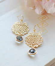 Load image into Gallery viewer, Gray Earrings Charcoal Glass Gold Filigree Chandelier Earrings Black Diamond Grey Dangle Earrings Boho Boheimian Gray Wedding Jewelry
