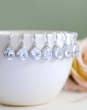 Load image into Gallery viewer, Set of 8, Eight Pairs Bridal Earrings, Wedding Earrings, Silver Cubic Zirconia Earrings. Bridesmaid Earrings, Clear Crystal Drop Earrings
