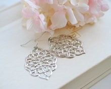 Load image into Gallery viewer, Large silver Filigree Earrings. Boho Chic Moroccan Bohemian Silver Filigree Dangle Earrings
