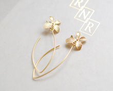 Load image into Gallery viewer, Gold Orchid Flower Long Dangle Earrings, Simple Everyday Day Earrings, Gift for Mom Daughter Sister Wife Girlfriend, Bridesmaid Gift
