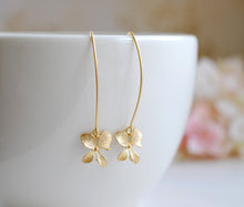 Load image into Gallery viewer, Gold Orchid Flower Long Dangle Earrings, Simple Everyday Day Earrings, Gift for Mom Daughter Sister Wife Girlfriend, Bridesmaid Gift
