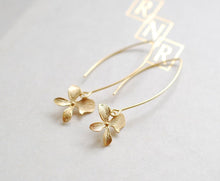 Load image into Gallery viewer, Gold Orchid Flower Long Dangle Earrings, Simple Everyday Day Earrings, Gift for Mom Daughter Sister Wife Girlfriend, Bridesmaid Gift
