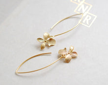 Load image into Gallery viewer, Gold Orchid Flower Long Dangle Earrings, Simple Everyday Day Earrings, Gift for Mom Daughter Sister Wife Girlfriend, Bridesmaid Gift
