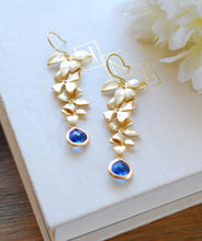 Load image into Gallery viewer, Cobalt Blue Crystal Matte Gold Cascading Orchids Flower Long Dangle Earrings Sapphire Blue Bridal Earrings Cobalt Blue Wedding Jewelry
