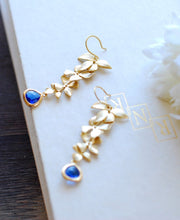 Load image into Gallery viewer, Cobalt Blue Crystal Matte Gold Cascading Orchids Flower Long Dangle Earrings Sapphire Blue Bridal Earrings Cobalt Blue Wedding Jewelry
